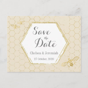 Honey Bee Cream Gold Pattern Save the Date Postcard