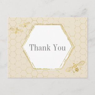 Honey Bee Cream Gold Pattern Thank You Postcard