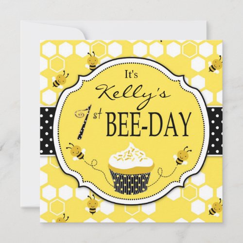 Honey Bee Cupcake First Birthday Invitation 2