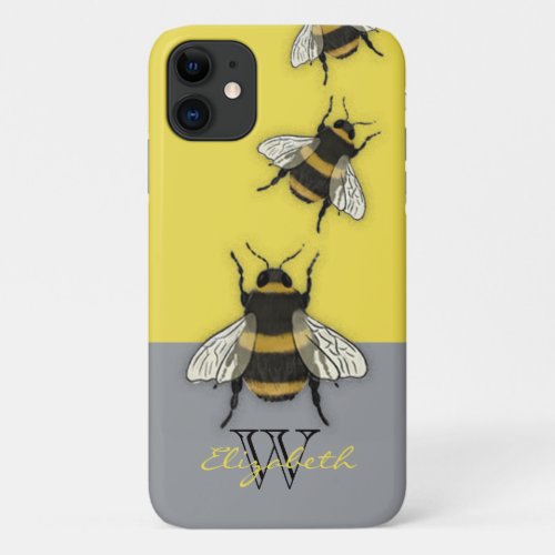 Honey Bee cute Yellow and grey monogram iPhone 11 Case