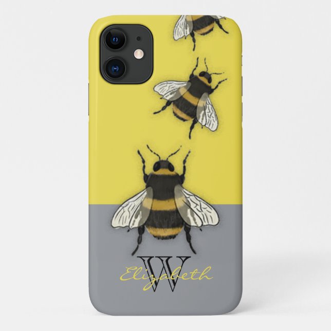 Honey Bee cute Yellow and grey monogram Case-Mate iPhone Case (Back)