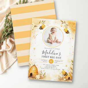 Honey Bee-Day Watercolor Floral Photo 1st Birthday Invitation