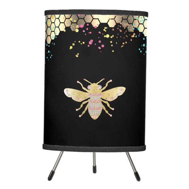 honey bee design on black tripod lamp (Front)