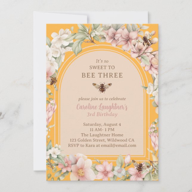 Honey Bee Enchanted Garden Third Birthday Invitation (Front)