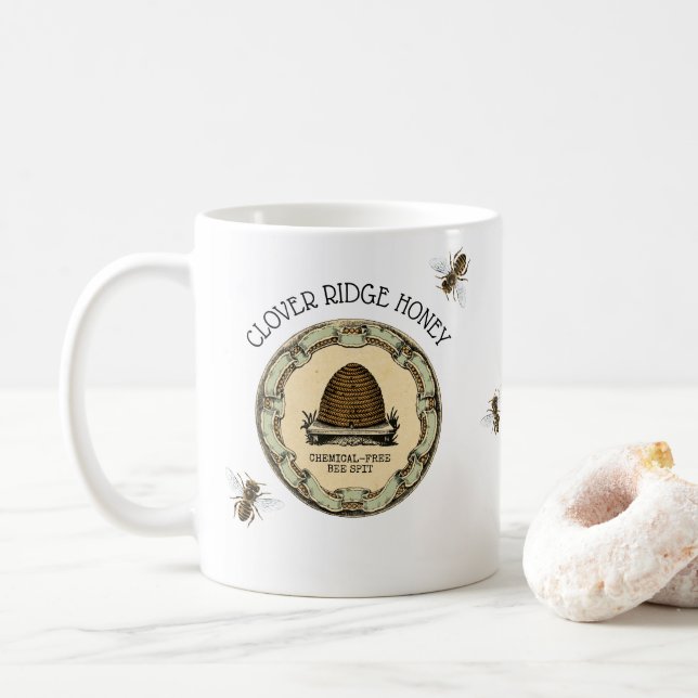 Honey Bee Farm Beekeeper Label Coffee Mug (With Donut)