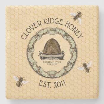 Honey Bee Farm Label Monogram Stone Coaster by AnyTownArt at Zazzle