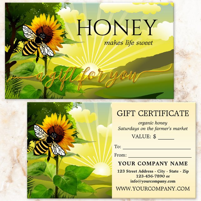 Honey Bee Farmers Market Gift Certificate (Gift certificate featuring an artistic illustration with sunflower and honey bee on fresh greenery)
