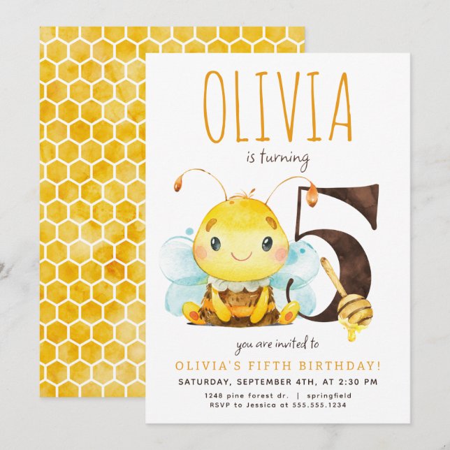 Honey Bee Fifth Birthday Invitation (Front/Back)