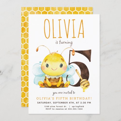 Honey Bee Fifth Birthday Invitation