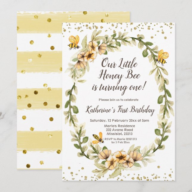 Honey Bee First Birthday Invitation (Front/Back)