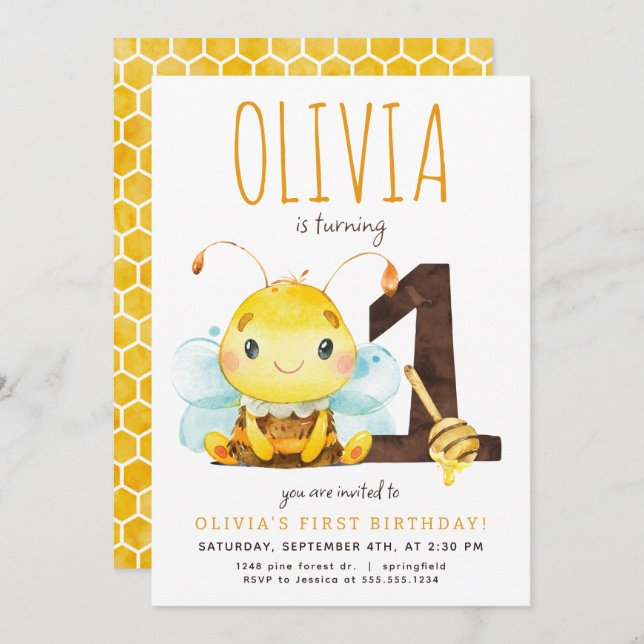 Honey Bee First Birthday Invitation (Front/Back)