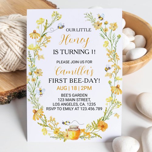 Honey Bee Floral Birthday Invitation Bumble Bee