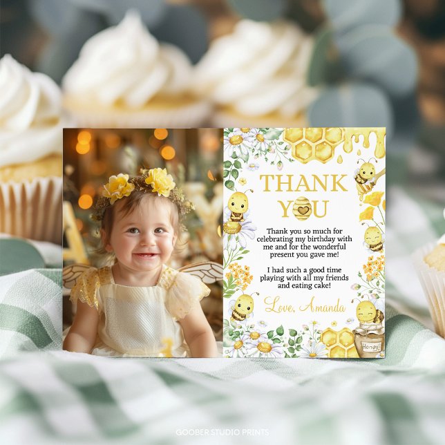 Honey Bee Floral First Bee Day Birthday Photo Thank You Card (Creator Uploaded)