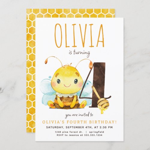 Honey Bee Fourth Birthday Invitation