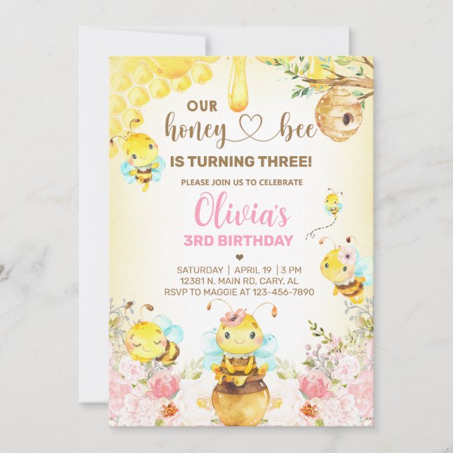 Honey-bee girl ANY AGE birthday invite, bumblebee. Invitation (Front)