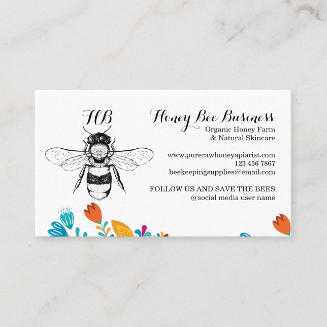 Honey Bee Hand drawn Florals Business Card (Front)