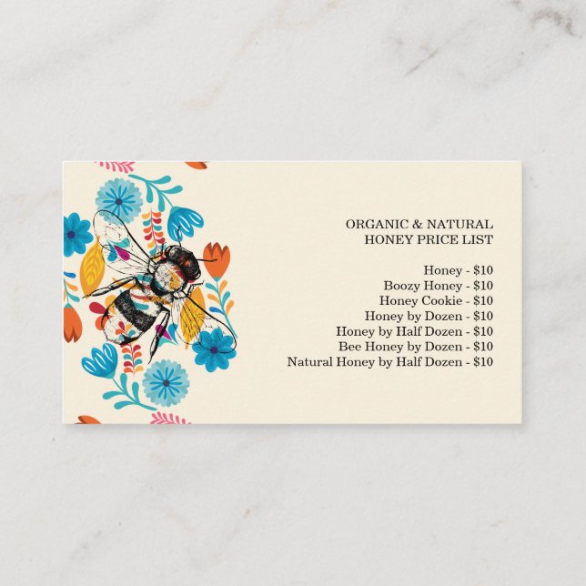 Honey Bee Hand drawn Flower Price List Business Card (Back)