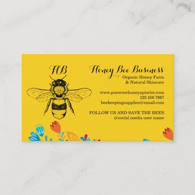 Honey Bee Hand drawn Flower yellow Business Card (Front)