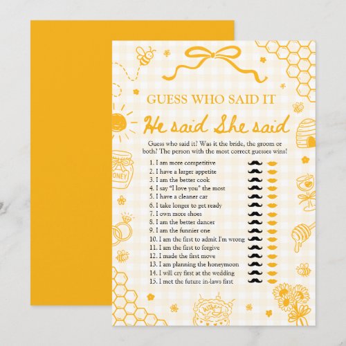 Honey Bee He Said She Said Bride or Groom Game Invitation