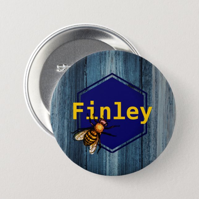 Honey bee hexagon • Blue wood texture Custom Name Button (Front & Back)