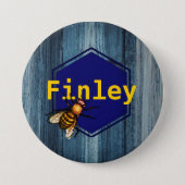 Honey bee hexagon • Blue wood texture Custom Name Button (Front)
