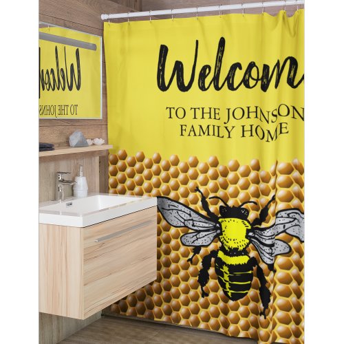 Honey Bee Hive Pattern Cute Insect Apiary Name  Shower Curtain
