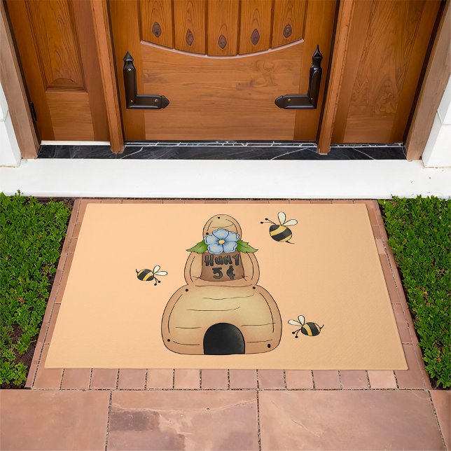 Honey Bee Hive with Blue Flower and Bees Doormat (Creator Uploaded)
