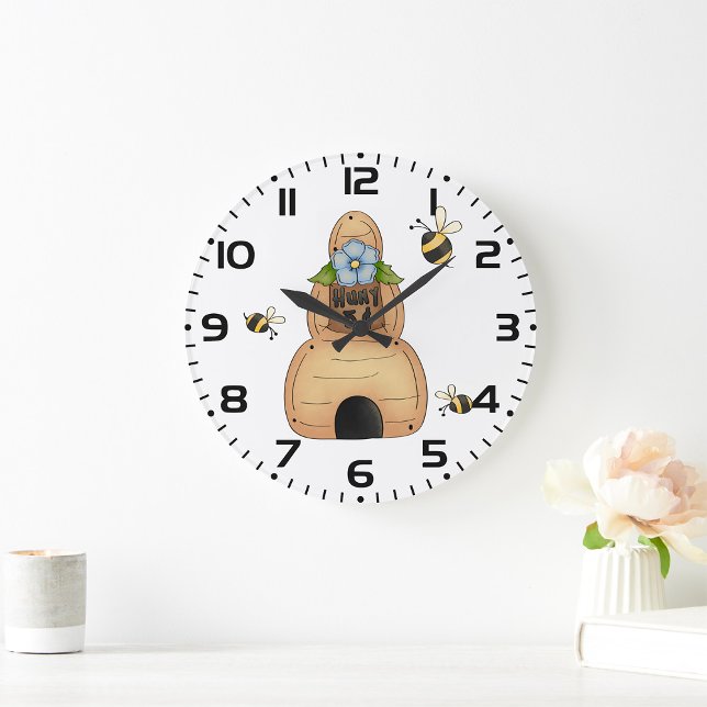 Honey Bee Hive with Blue Flower and Bees Large Clock (Creator Uploaded)