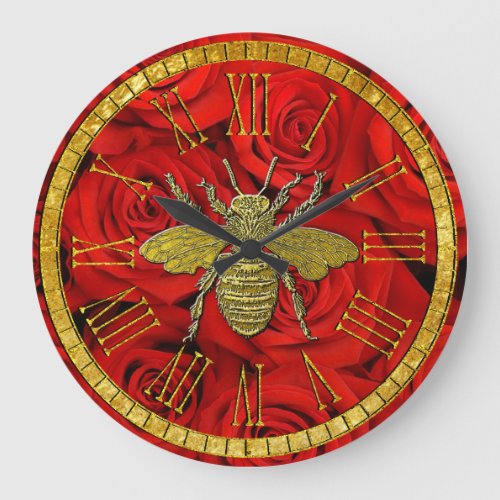Honey Bee in Gold and Red Roses Large Clock
