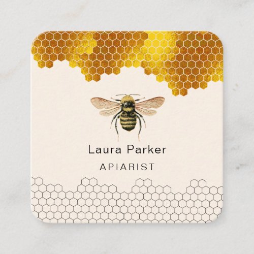 Honey Bee Keeper Honeycomb Apiarist Gold beekeeper Square Business Card