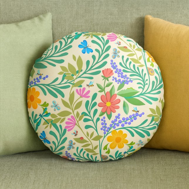Honey Bee, Ladybug, Butterfly, Dragonfly & Flowers Round Pillow (Creator Uploaded)