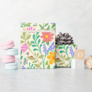 Honey Bee, Ladybug, Butterfly, Dragonfly & Flowers Wrapping Paper