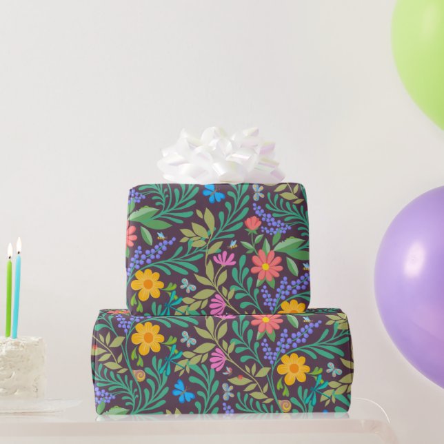 Honey Bee, Ladybug, Butterfly, Dragonfly & Flowers Wrapping Paper (Party Gifts)