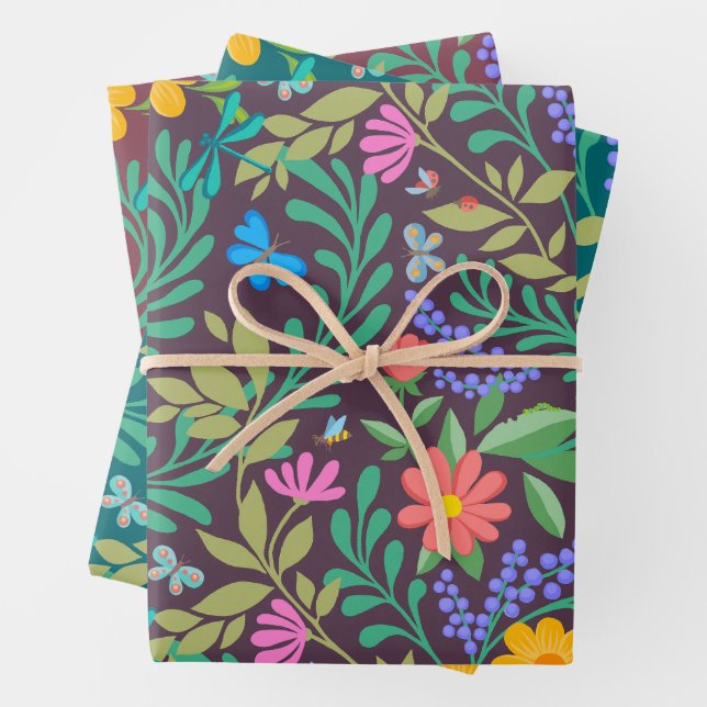 Honey Bee, Ladybug, Butterfly, Dragonfly & Flowers Wrapping Paper Sheets (In situ)
