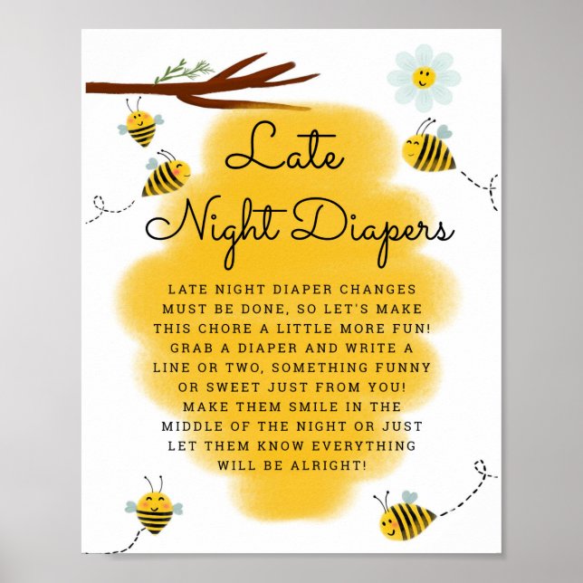 Honey Bee Late Night Diapers Baby Shower Sign (Front)