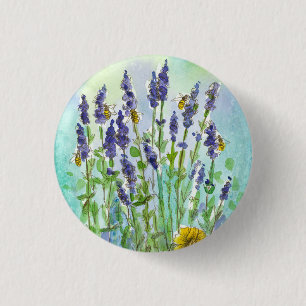 Honey Bee Lavender Herb Watercolor Flowers Button