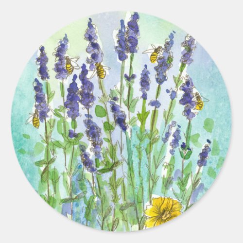 Honey Bee Lavender Herb Watercolor Flowers Classic Round Sticker