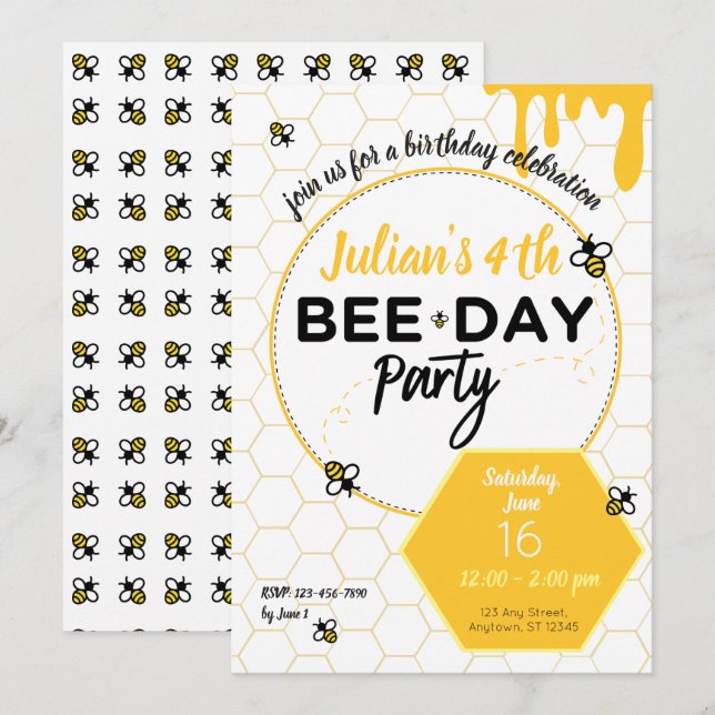 Honey Bee, Little Bee, Bee-Day Birthday Party Invitation (Front/Back)