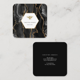 honey bee logo on black agate square business card