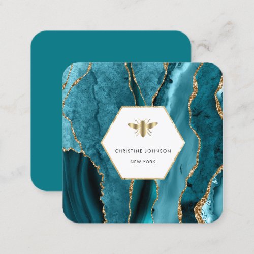 honey bee logo on turquoise agate square business card