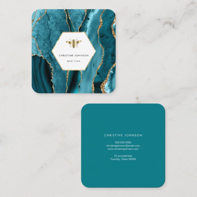 honey bee logo on turquoise agate square business card (Front/Back)