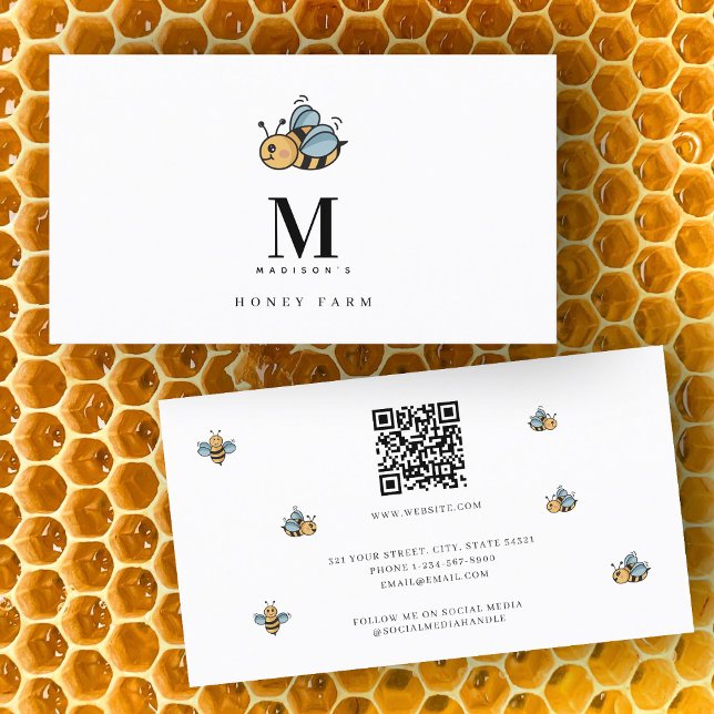 Honey Bee Luxury Monogram Minimalist QR Code Business Card (Honey Bee Luxury Monogram Minimalist QR Code Business Card)