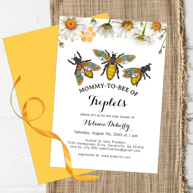Honey Bee Mommy to Bee Triplets Baby Shower Invitation (Triplets - Mommy To Bee Baby Shower)