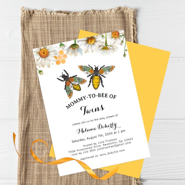 Honey Bee Mommy to Bee Twins Baby Shower  Invitation (Twins - Bumblebee Baby Shower)