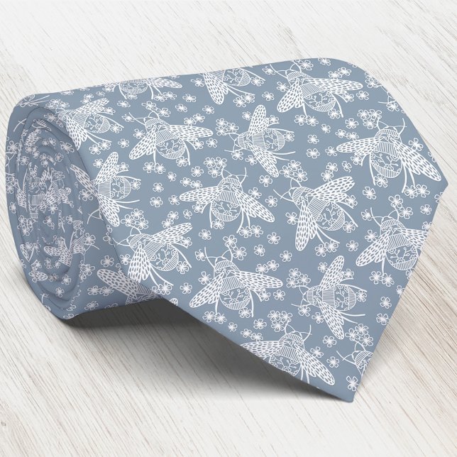 Honey Bee Neck Tie (Honey bee blue and white neck tie for beekeepers and nature lovers)