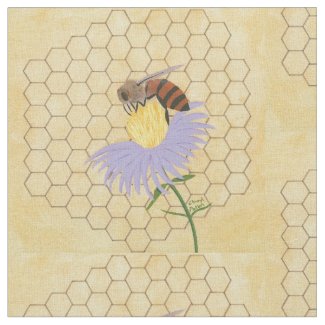 Honey bee on a flower honeycomb background fabric