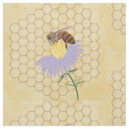 Honey bee on a flower honeycomb background fabric