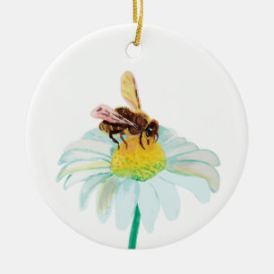 Honey Bee on a White Flower Ceramic Ornament