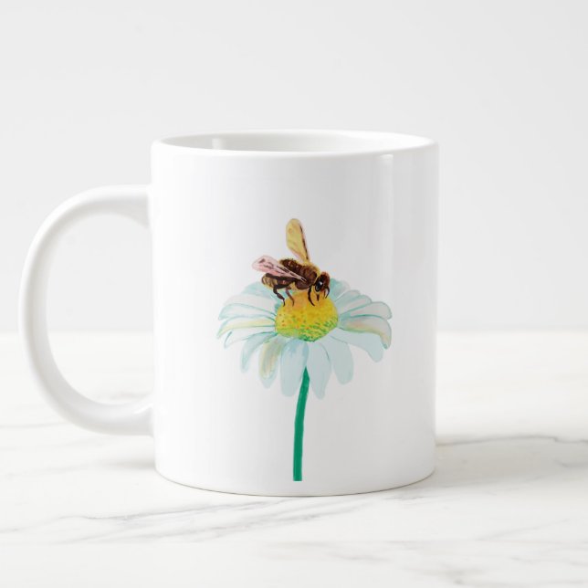 Honey Bee on a White Flower Giant Coffee Mug (Left)