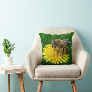 Honey Bee On a Yellow Dandelion Throw Pillow